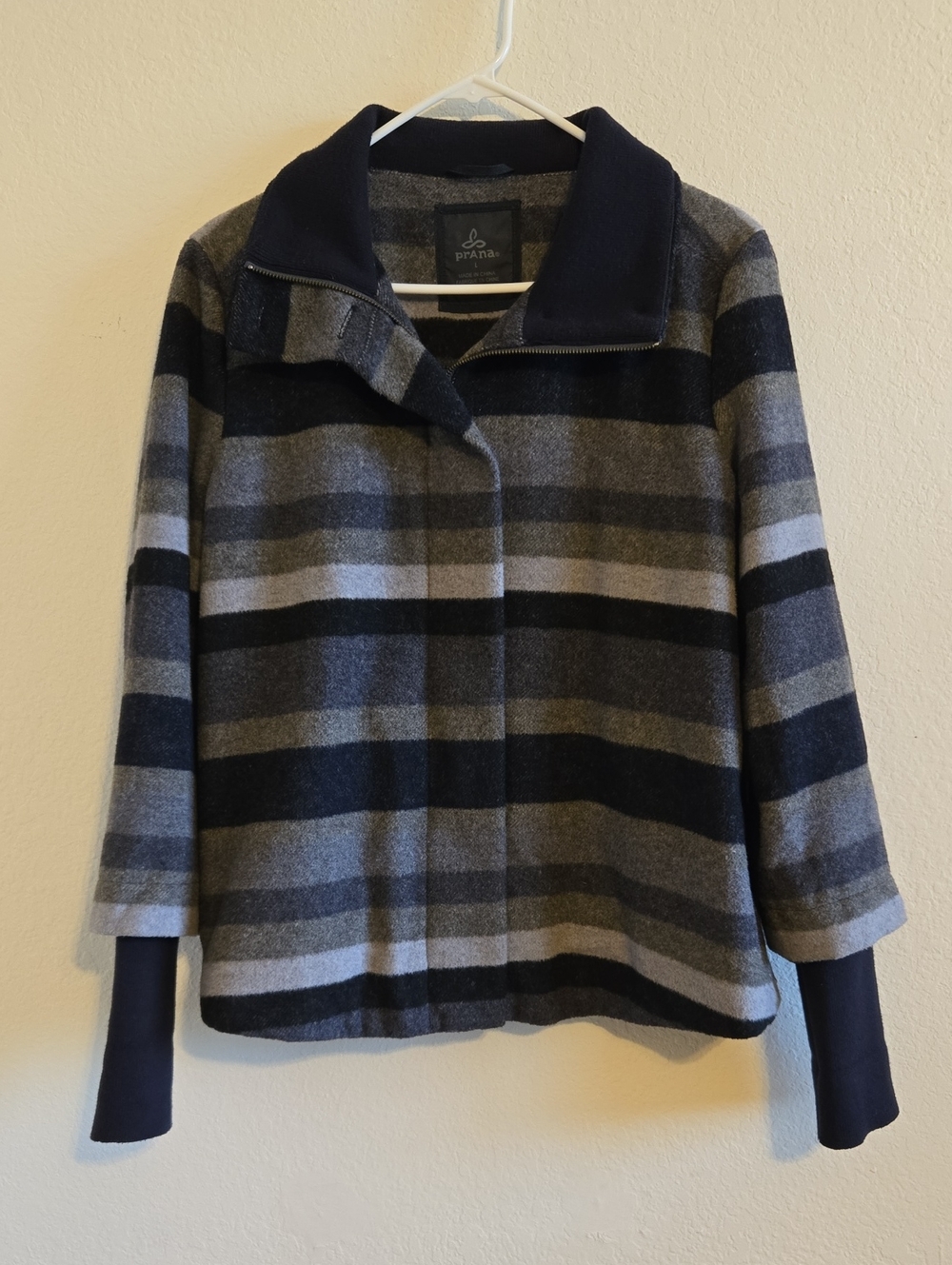 Prana Navy and Gray Striped Zip-Front Wool Jacket - Large